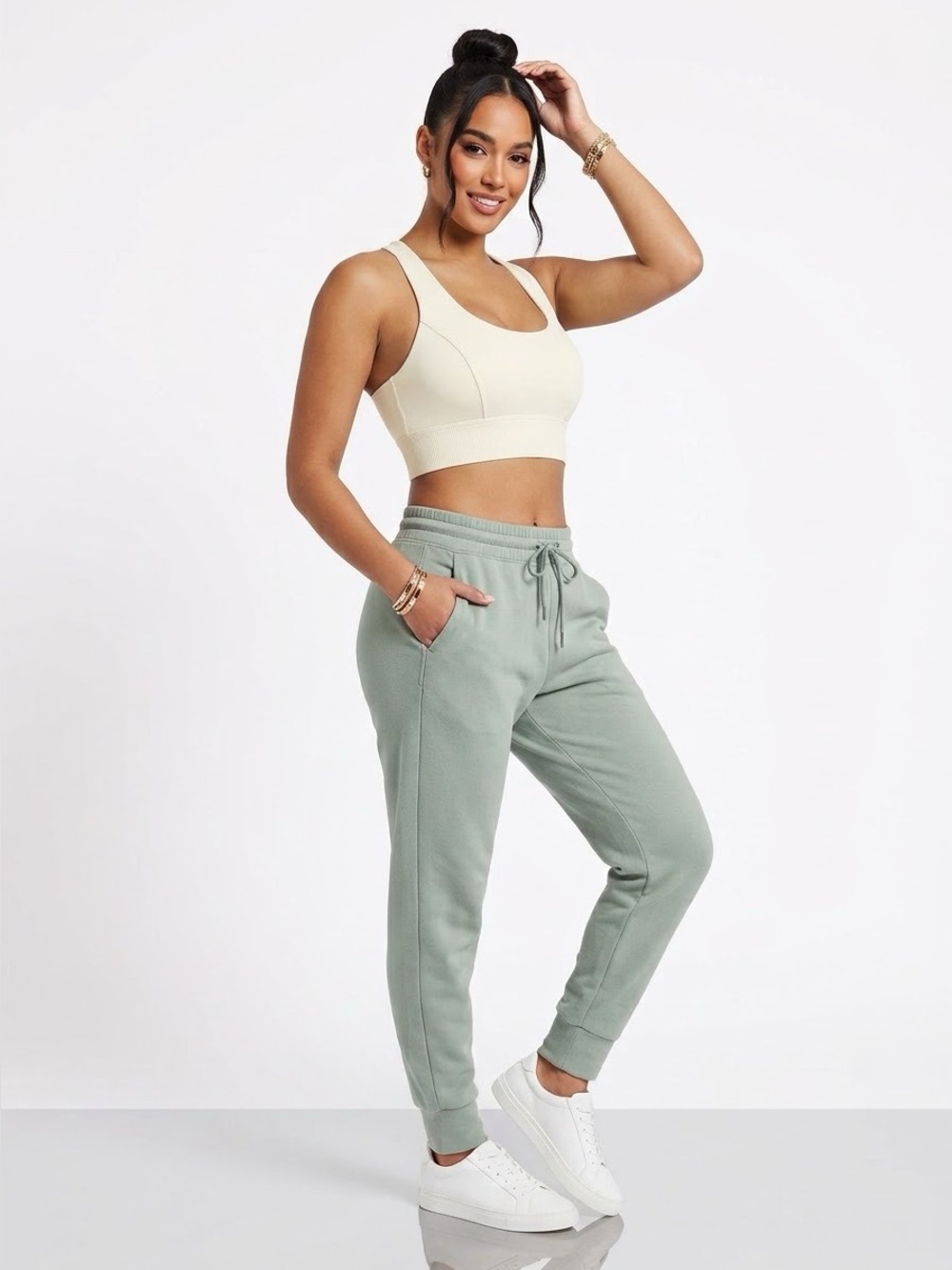 Green High-Waisted Athleisure Joggers with Drawstring and Cuffs